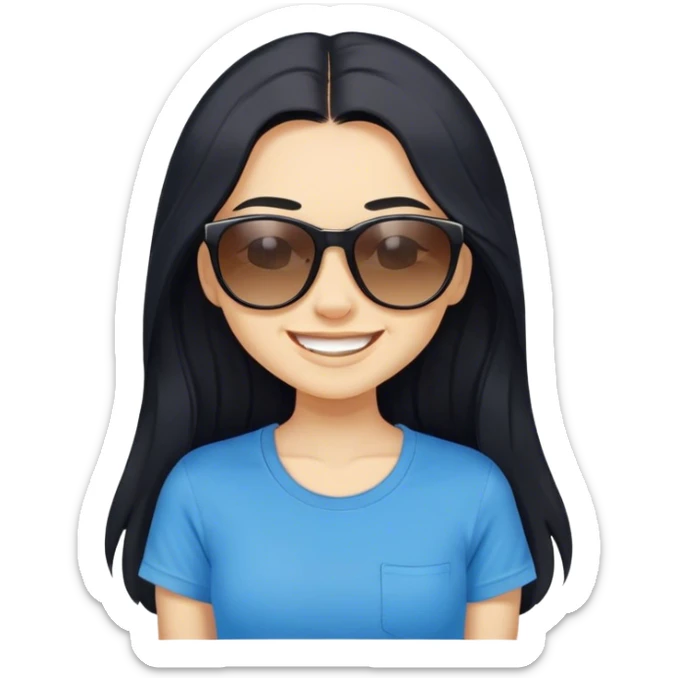 A face of girl with black long hair, wearing sunglasses and a blue t-shirt.She's grinning.She's winking at me. sticker