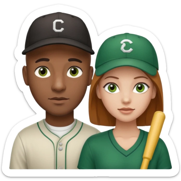 Black bald guy with a baseball cap & a white girl brown hair green eyes sticker