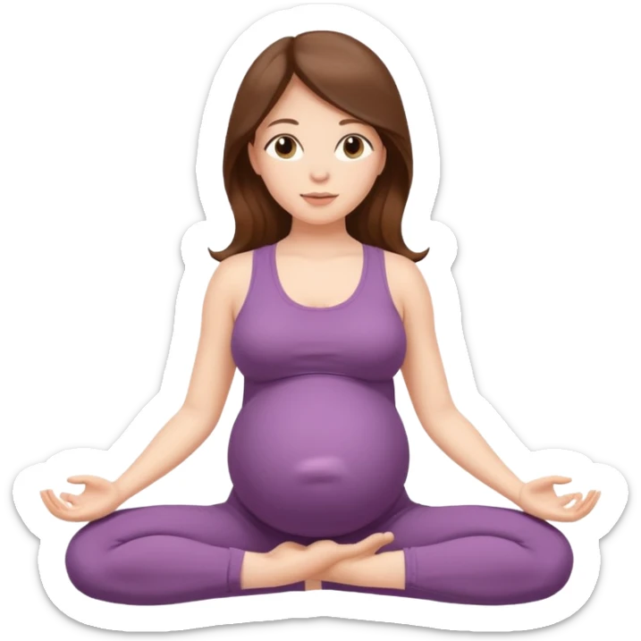 Pregnant woman sitting in a yoga pose with long brown hair and fair skin,." sticker