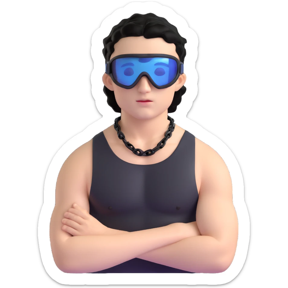 shirtless male athlete with white skin and moderately curly black hair on top with shaved sides, wearing black ski goggles with very dark heavily tinted black lenses that completely hide the eyes, and a simple plain black chain necklace, no earrings sticker