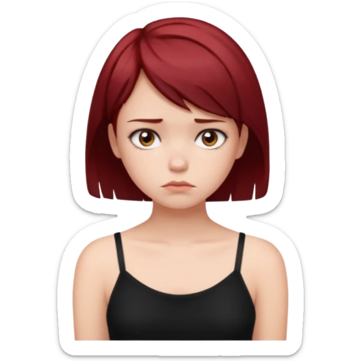 generate a pretty fair bratz girl with short dark red hair looking sad . Wearing a black cami sticker