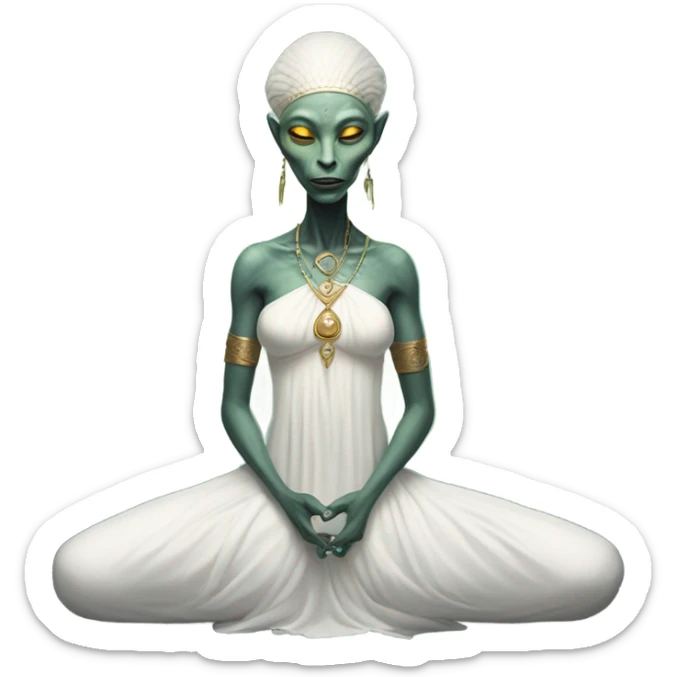 a Reptilian alien woman,in meditation, white dress like a priestess sticker