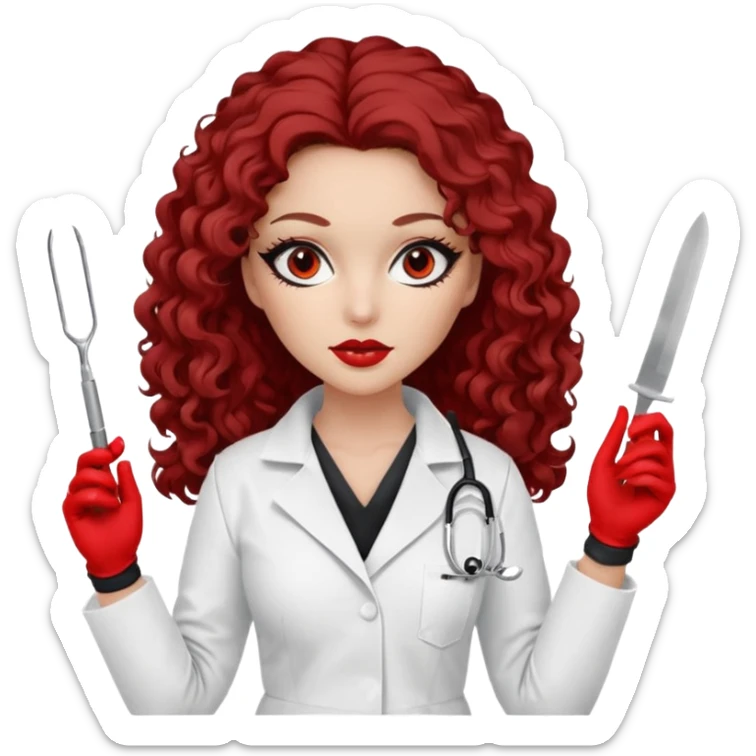 


Scary woman scalpel in hand, evil surgeon sexy surgeon clothes.  She has redcolored  eyes. Her  hair only is free ne brown long curly hair. Wears sexy doctor outfit with red gloves. make her wear full ski mask yo mask and nose mouth mask  to hide. Wears white surgeon coat, wears  stilettos sticker