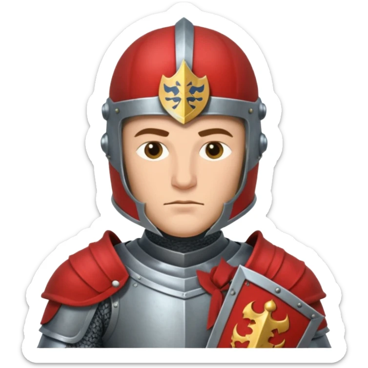 An emoji portrait of a medieval knight. He wears a suit of armor with a stylized helmet. His expression is serious and determined, and he holds a shield with a family crest. sticker