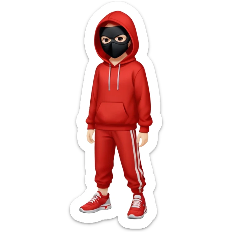 an anime chreacter wears black mask whitout ribons, wears and red hoodie with white textures, red strip pants, and sneakers sticker