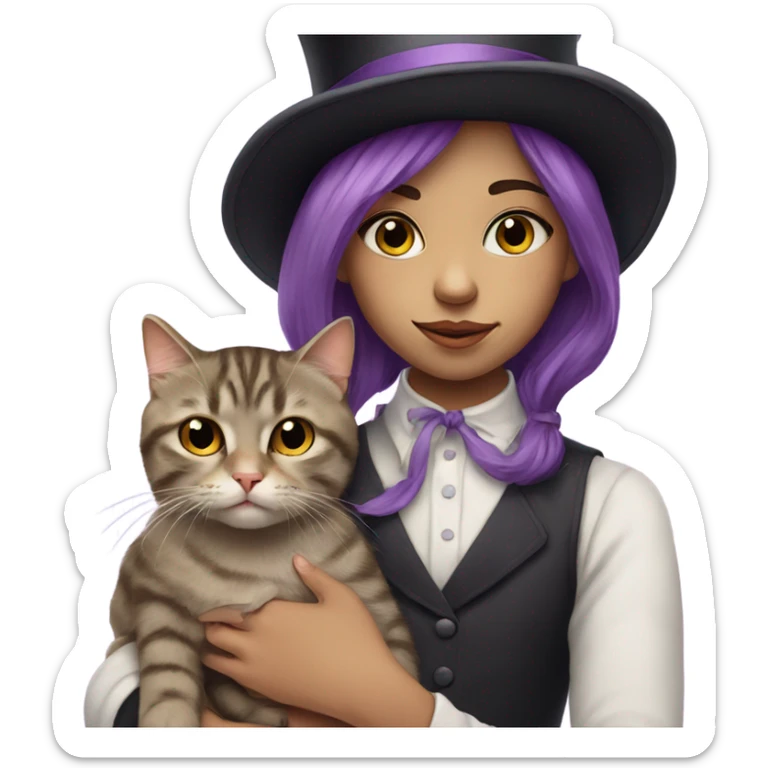 portrait of girl with purple hair wearing a top hat holding a sleepy tabby cat sticker