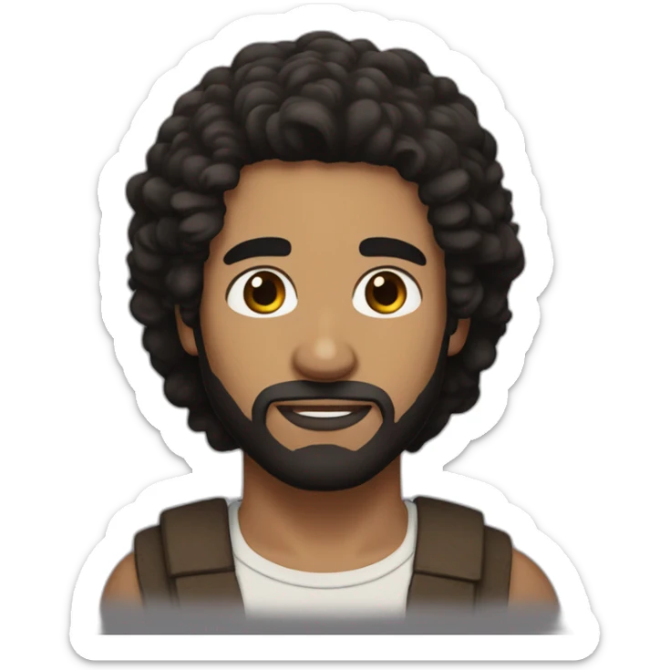 long straigh brown-black hair, white skin men, with brown eyes, and a little bit of beard sticker