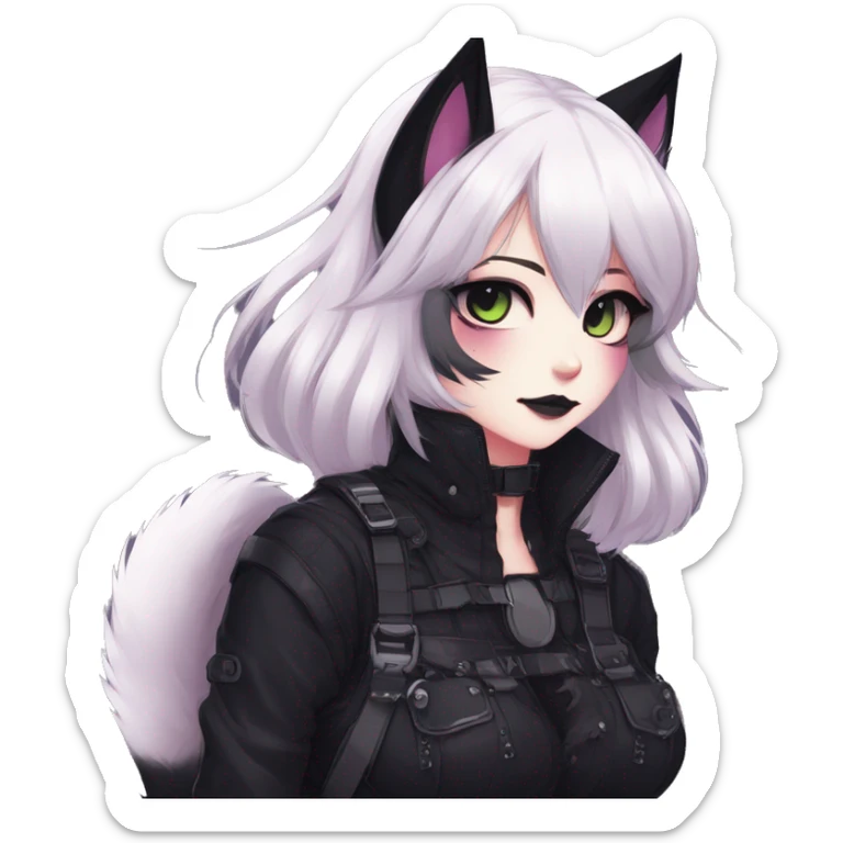 Gorgeous furry gothic dark techwear anime style anthro black cat furry sona with blushing face aesthetic and pretty edgy black with collar and harness trending style sticker