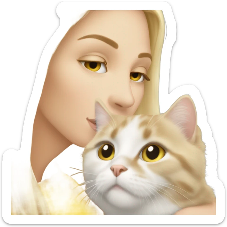 Pretty long blonde haired woman with gray eyes kissing yellow and white cat sticker