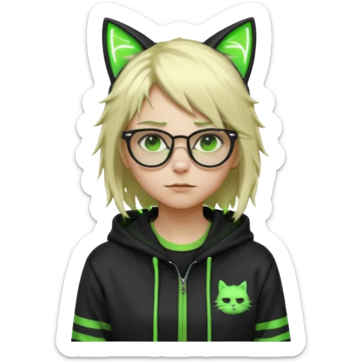 Light blond, slightly messy hair
Black glasses
A black hoodie with cat ears
Neon green details on the jacket and pants (glowing lines and stripes)
An overall hacker / cyberpunk style look
A neutral facial expression sticker