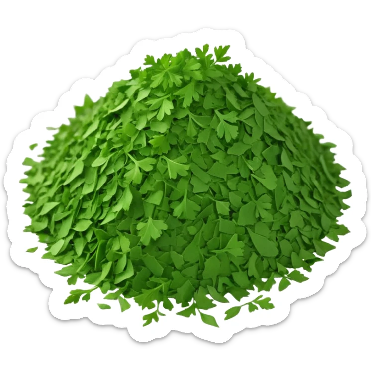 loose scatter of finely crumbled green herb flakes with jagged, flat shapes and a dry, matte texture, color ranges from bright to muted green, evoking dried curly or flat-leaf parsley, soft lighting, subtle shadows, emoji scale sticker