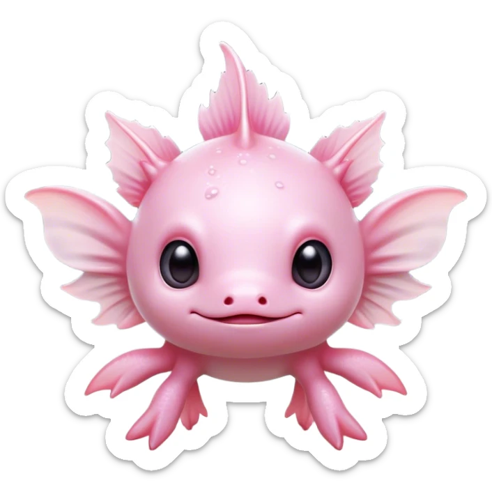Cinematic Cute Axolotl Portrait Emoji, Head tilted playfully and inquisitively, featuring smooth, pale pink skin with delicate feathery gills and round, sparkling dark eyes filled with curiosity, Simplified yet irresistibly adorable features, highly detailed, glowing with a warm, magical glow, high shine, affectionate and quirky, stylized with a touch of whimsy, bright and endearing, soft glowing outline, capturing the essence of a mischievous yet charming aquatic friend, so playful it feels like it could swim out of the screen and into your heart! sticker
