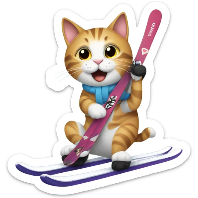 Cat saying I love you on a pair of skis sticker