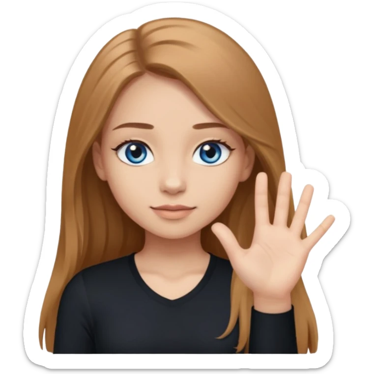 A girl with long eyelashes, long light brown hair, blue eyes, with her palm up. with black undershirt sticker
