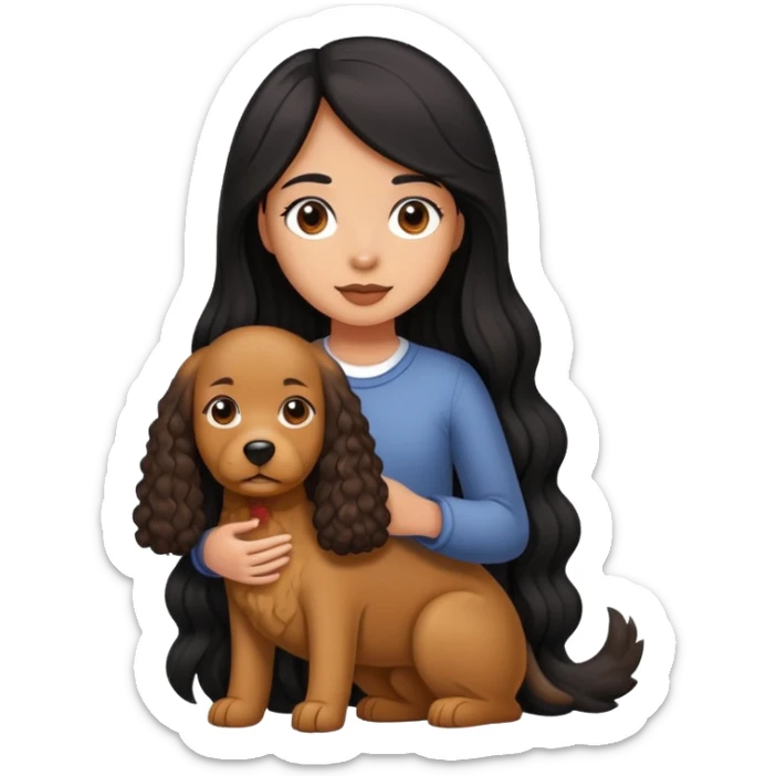 A girl with long straight black hair holding a curly brown giant dog sticker