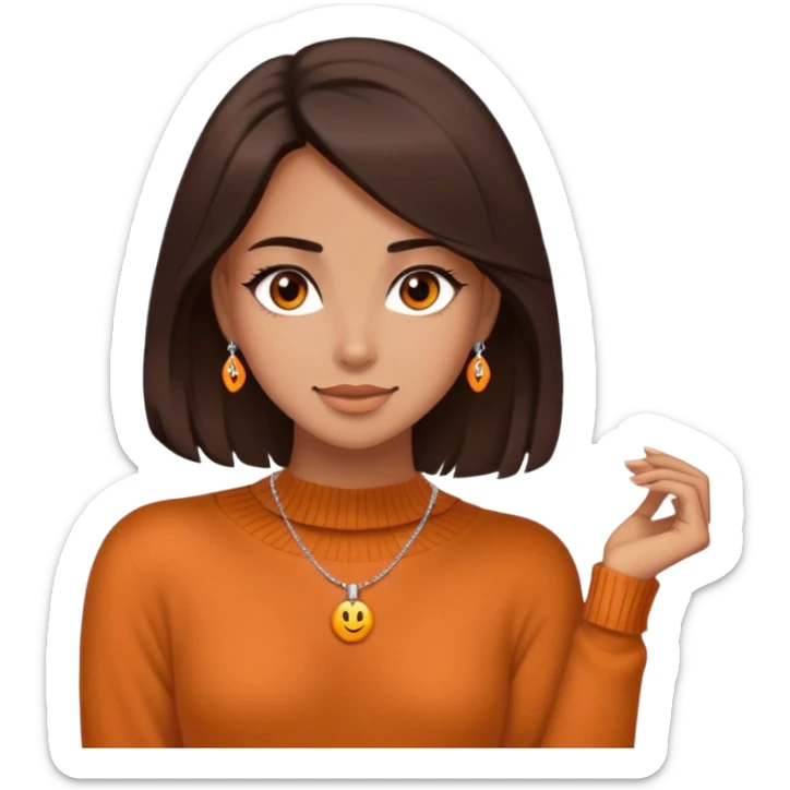 Create a high-quality emoji of a beautiful girl with a warm, medium tan skin tone. She has shoulder-length dark brown hair, a single brown eye, and wears an elegant, delicate necklace. She is dressed in a cozy, orange wool sweater. The style is detailed and expressive, resembling modern emoji designs. sticker