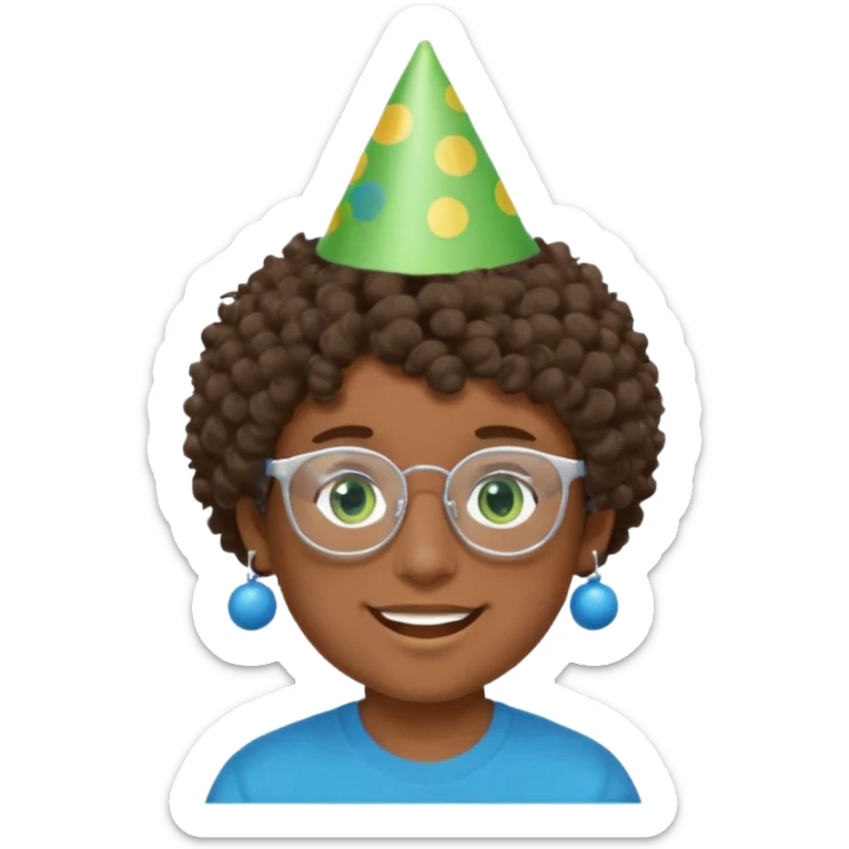 A boy with curly brown hair and green eyes with a happy face, and wear square glasses.He’s also got a full silver birthday party hat on his head with blue pom poms on top of it, and his T-shirt is all black, he wears a little gold circle earrings on his left  sticker
