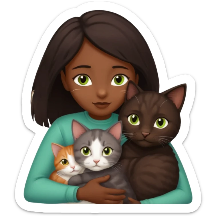 Crea un emoji donde salga un chico moreno con los ojos claros, una chica morena con los ojos marrones y SOLO UN gato europeo comun de pelaje oscuro y ojos verde claro, quiero que se esten abrazando y el gato este en el medio de los dos sticker