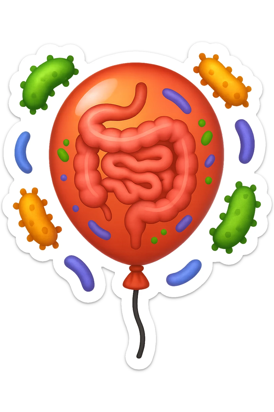 emoji stile iphone di un palloncino con intestino dentro e batteri intestinali intorno sticker