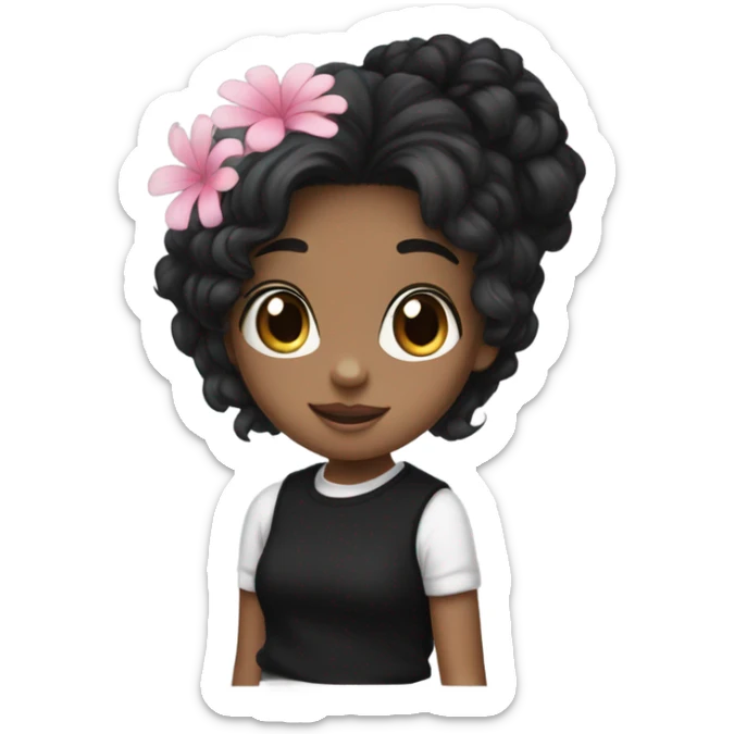 A girl and she is wearing a black sweater with a white tank top and has black hair blue eyes and has a pink flower on her head sticker