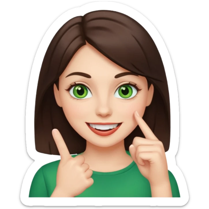 femme brune avec des yeux vert qui rougit en souriant avec un doigt entre les dents  sticker