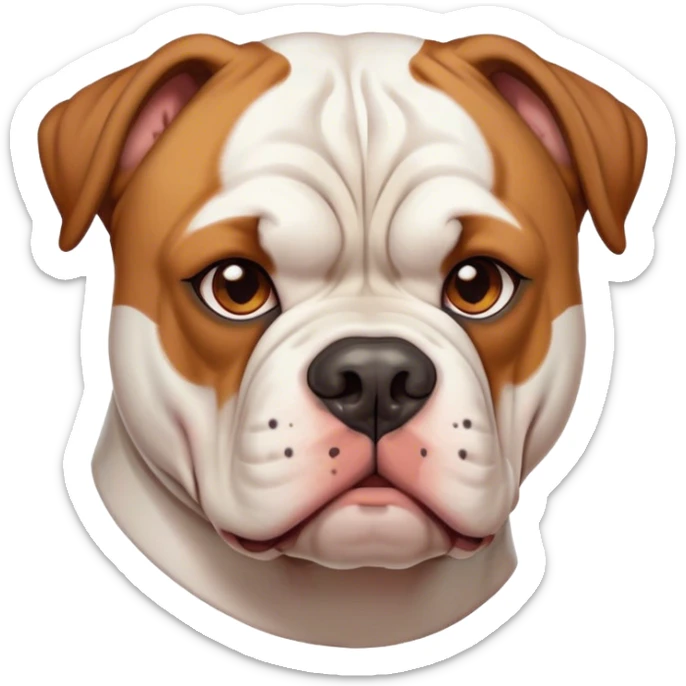 Cinematic Noble White and Brown American Bulldog Portrait Emoji, Poised and regal, with a strong, muscular build and a short, well-groomed white coat accented by warm brown patches, deep-set soulful brown eyes, Simplified yet sharp and sophisticated features, highly detailed, glowing with a soft, dignified glow, high shine, intelligent and loyal, stylized with an air of strength, focused and attentive, soft glowing outline, capturing the essence of a watchful and confident guardian, so majestic it feels as though it could step out of the screen with effortless authority! sticker