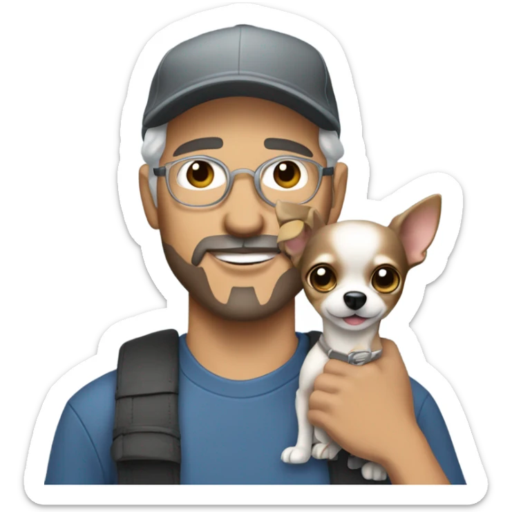 blue eyed man with gray hair and goatee wearing ball cap holding chihuahua with long black hair sticker