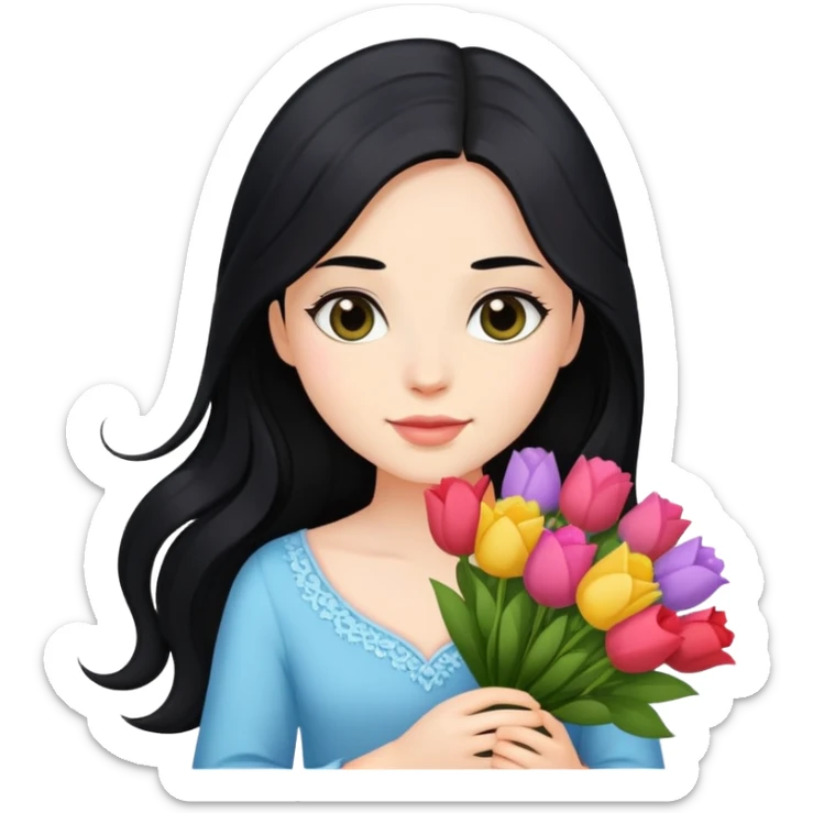 Beautiful girl with long black hair holding a bouquet of flowers sticker