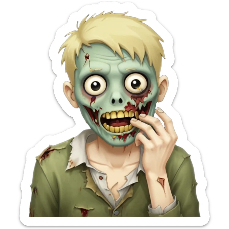 faça um homem zumbi, de cabelo baixo mostrando o dente de ouro, com a mão na boca sticker