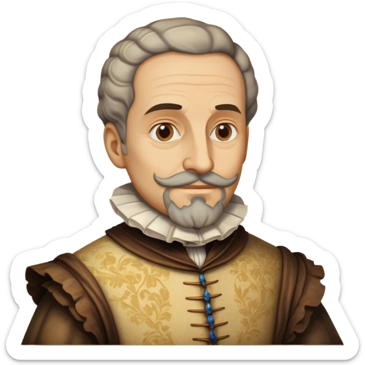 Cinematic Realistic Miguel de Cervantes Portrait Emoji, depicted as a wise thoughtful literary figure in period attire with a reflective gaze, rendered with detailed textures and soft historical lighting that captures his enduring literary legacy. sticker
