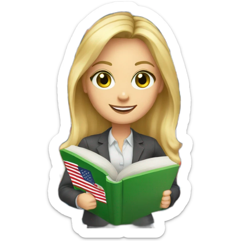 English teacher female with blonde hair and green eyes with English book with usa flags sticker