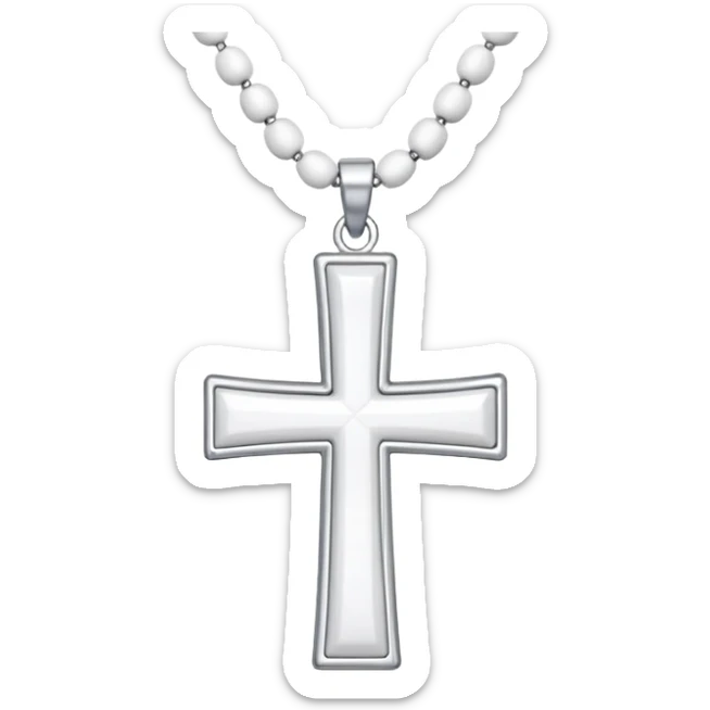 Elegant emoji icon of a white cross made of white beads, glossy surface, and white bead chain subtle shadows, pure white palette sticker