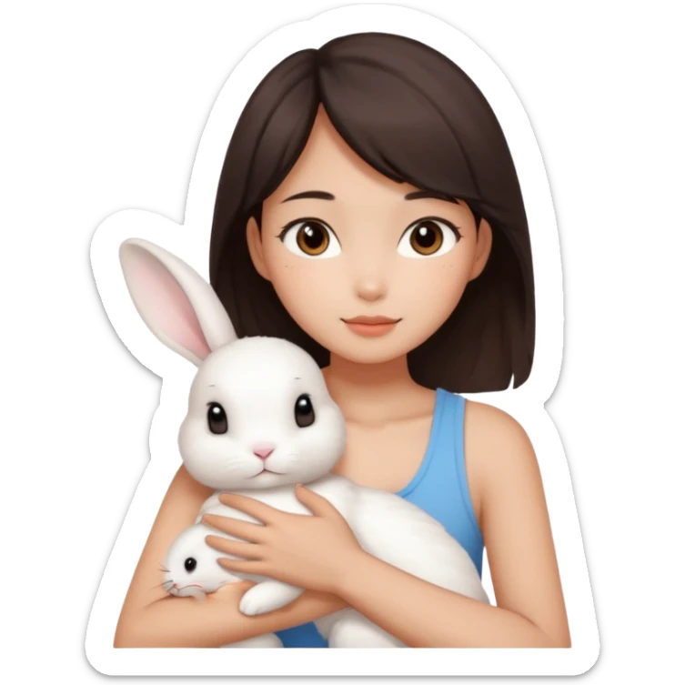 A young Asian woman with dark brown, almost Asian girl with dark brown hair, brown eyes, light Asian skin, add soft makeup and dress in tank top and hugging a one white rabbit with light brown spots, soft and warm atmosphere.
  sticker