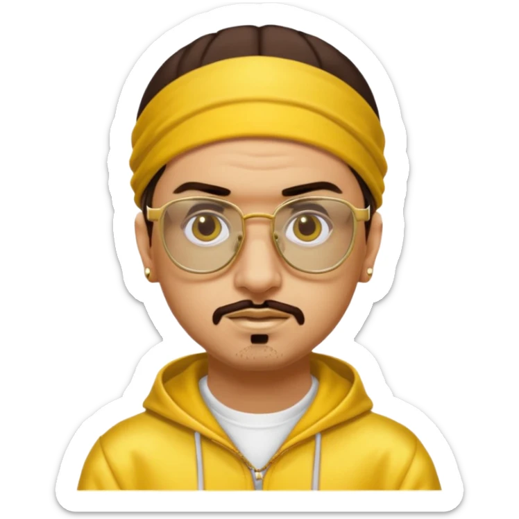 Ali G from Ali G Indahouse with brown eyes, dark brown hair, gold outfit, yellow glasses sticker