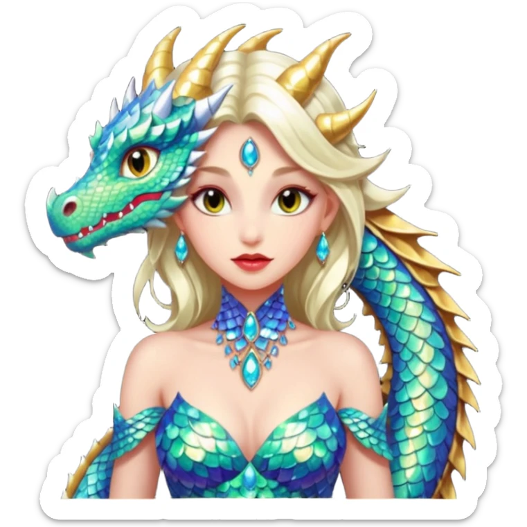 Am amazing blend of a half dragon woman with glittering jeweled scales covering her body. She has large almond shaped eyes, lush lips, and she wears a stunning luminescent gown. sticker