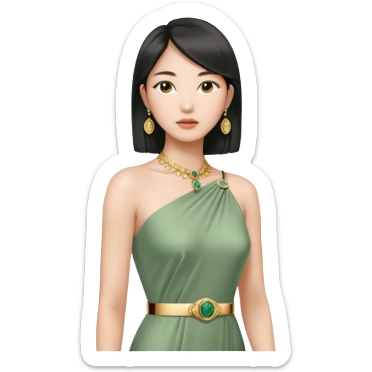 Aesthetic rich Asian woman in sage green Versace dress and Cartier jewelleries, side view sticker