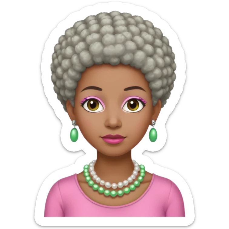 Brown woman with very short gray Afro  wearing pink and green outfit and pearl necklace  sticker