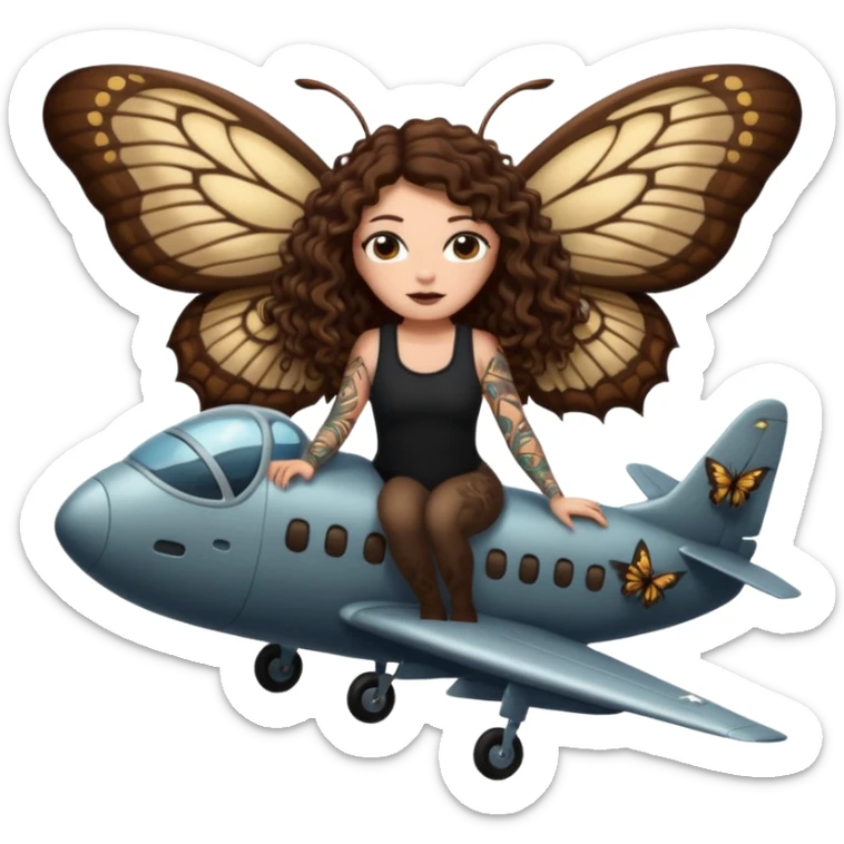 giant moth ride — long wavy brown hair tattooed woman and short tight curly brown hair woman — night flight sticker