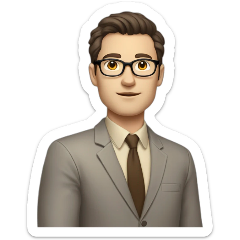 Full height Pale skinned fit man with dark brown hair in gray jacket, beige office shirt, brown tie, brown pants and vintage glasses. His right hand stretched out sticker