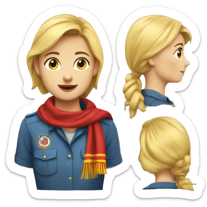 A scout girl with blond hair with a knotted red and yellow scarf and blue scout shirt sticker