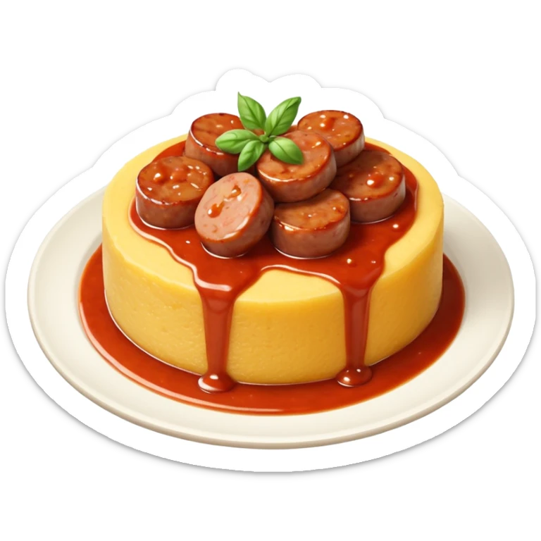 Fai l’emoji di una polenta che è quasi del tutto ricoperta di sugo, con la salsiccia sopra sempre bella insugata sticker