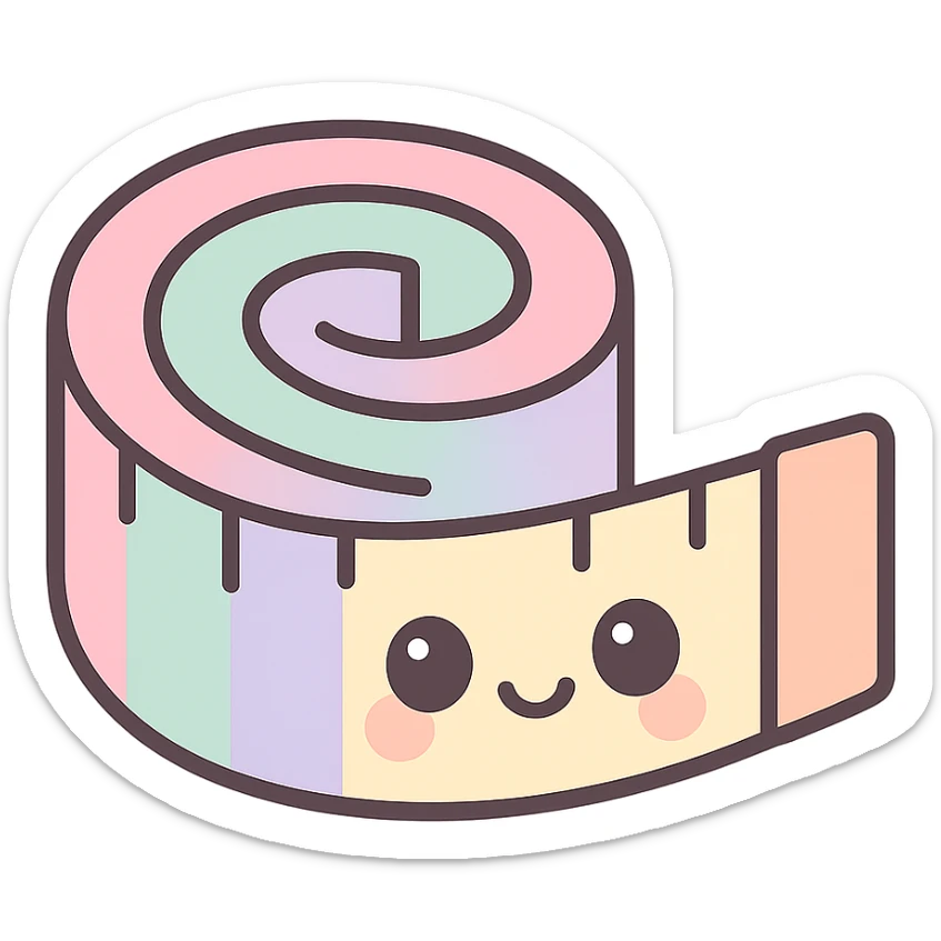 a sewing tape measure, curled in a spiral, pastel colors, soft shading, cute style sticker