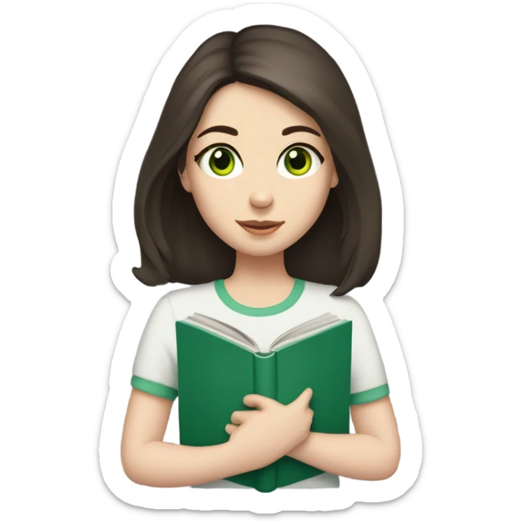 Girl with green eyes, shoulder length dark brown hair, pale skin, reading a book  sticker