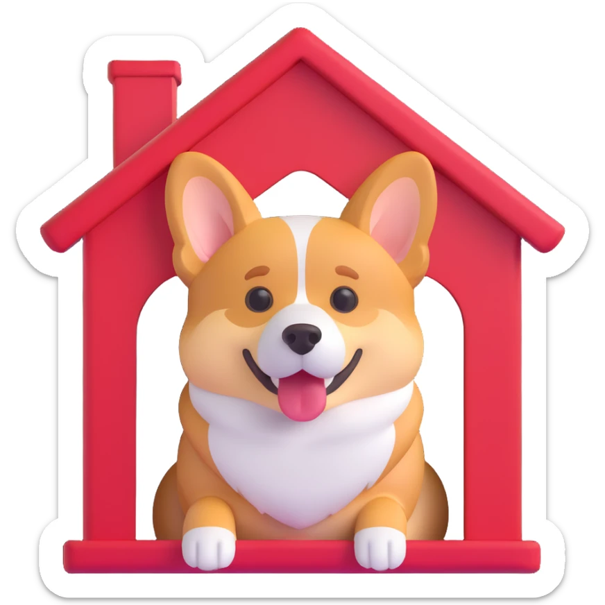 red dog house with a Corgi dog inside, Corgi peeking out, semi-realistic with emoji-like face and proportions sticker