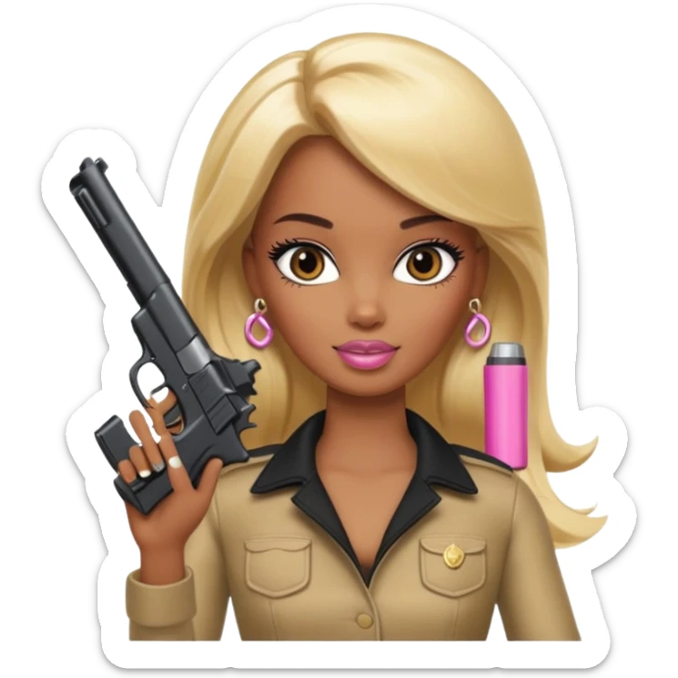 Brown skin blonde hair barbie with black gun sticker