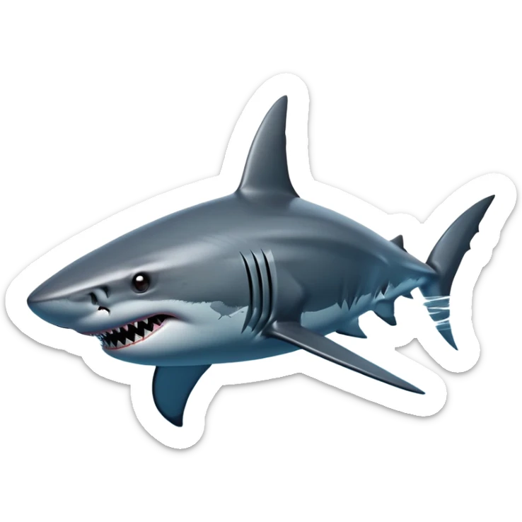 cinematic-shark-realistic-full-body-swimming-emoji,-sleek-powerful-body-gliding-through-the-ocean-depths,-dark-grey-skin-glossy-and-textured,-sharp-angular-fins-cutting-through-the-water,-piercing-black-eyes-focused-intensely,-rows-of-razor-sharp-teeth-slightly-visible,-simplified-yet-realistic-focused-features,-highly-detailed,-glowing-with-an-eerie-deep-sea-glow sticker