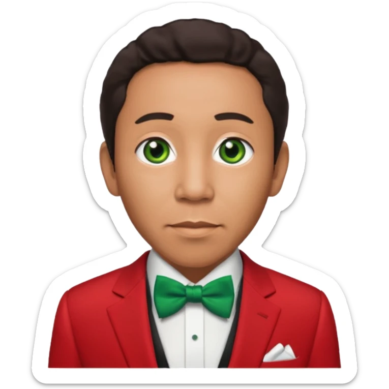 Smokey Robinson with dark brown hair, red suit with bow tie, green eyes sticker