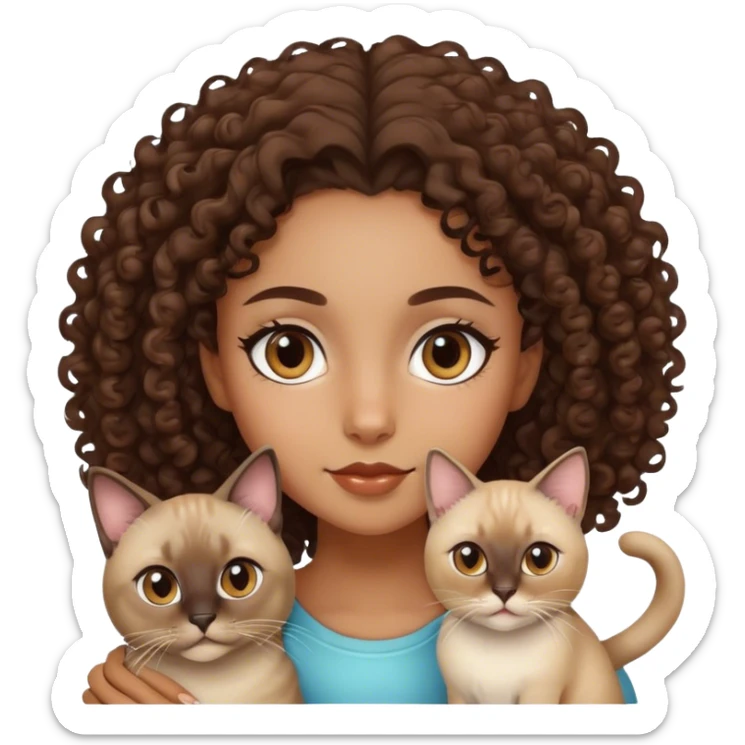 brown girl, brown eyes, curly hair and with a Siamese cat sticker