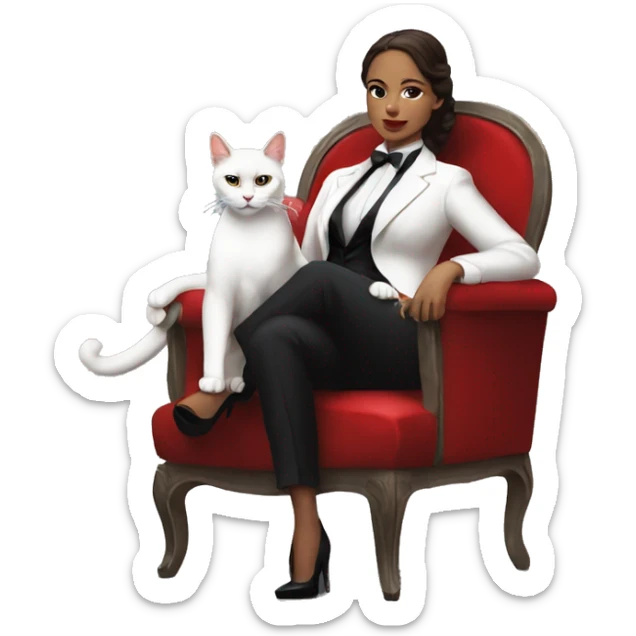 a woman cosplaying don corleone as a mafia boss sitting on a red chair petting a white cat on his lap sticker