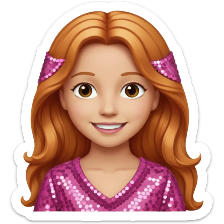 Carrie White with light skin, long reddish blonde hair, pink sequin outfit sticker